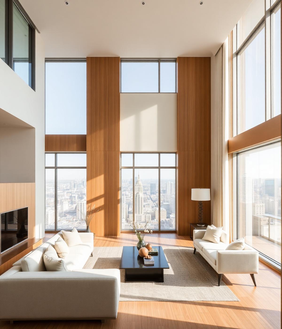 Bright modern apartment living room with city views