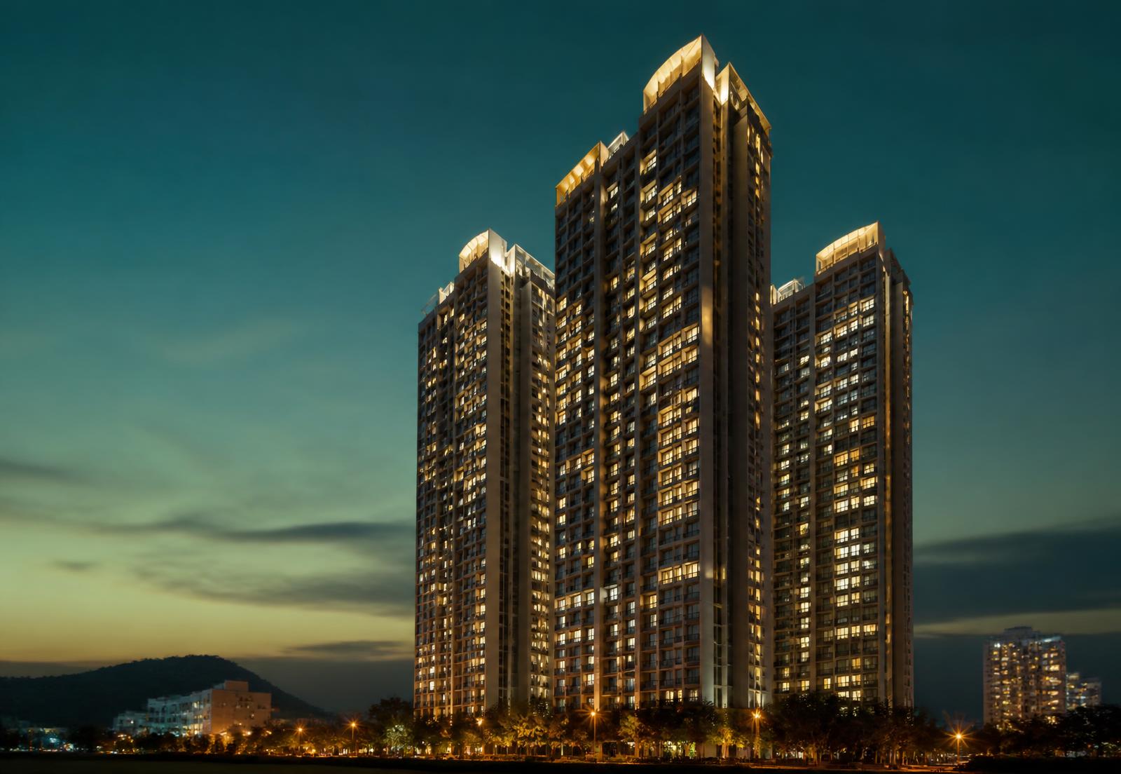 Luxury residential towers at twilight in Mira Road, Mumbai